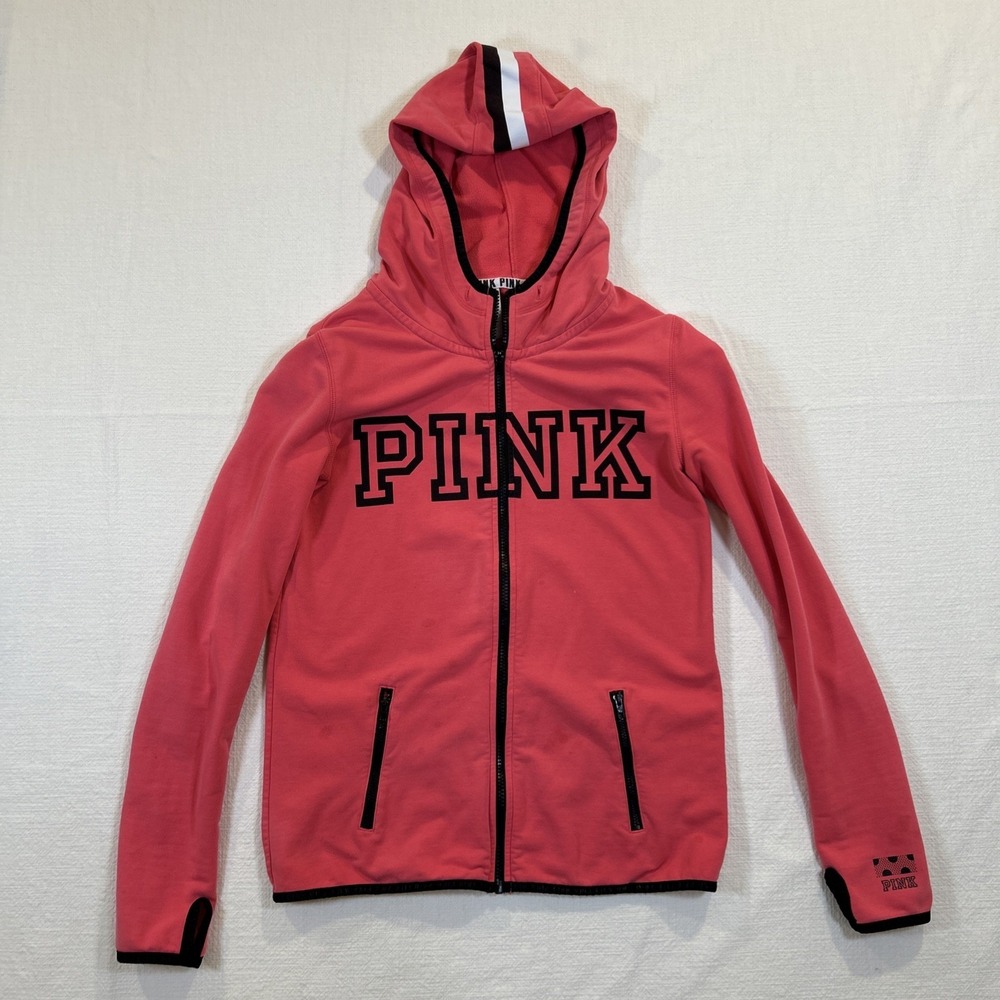 Victoria Secret Pink Hoodie Logo Pink and Black Size Small Full Zip